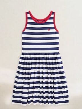 Polo by Ralph Lauren Navy and White Striped Jersey Dress with Red Trim